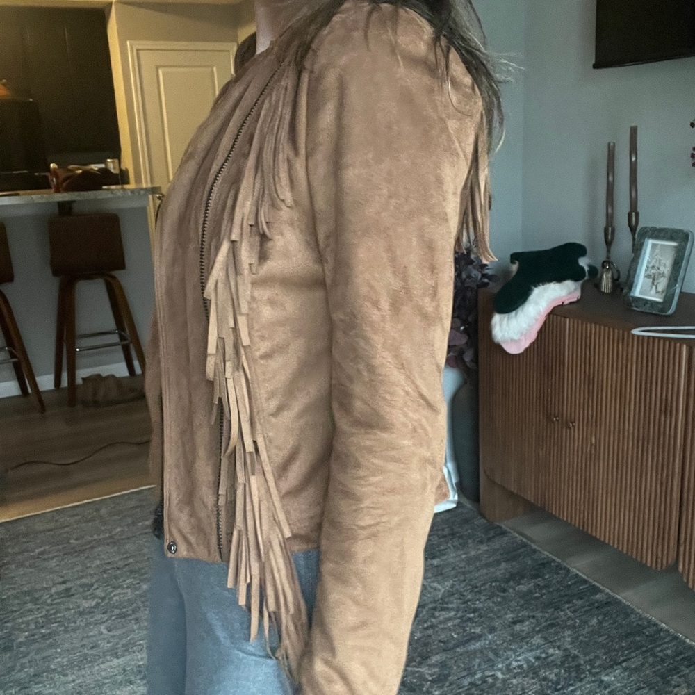 Black Rivet Tan Leather Jacket with Fringe - Picture 4 of 7